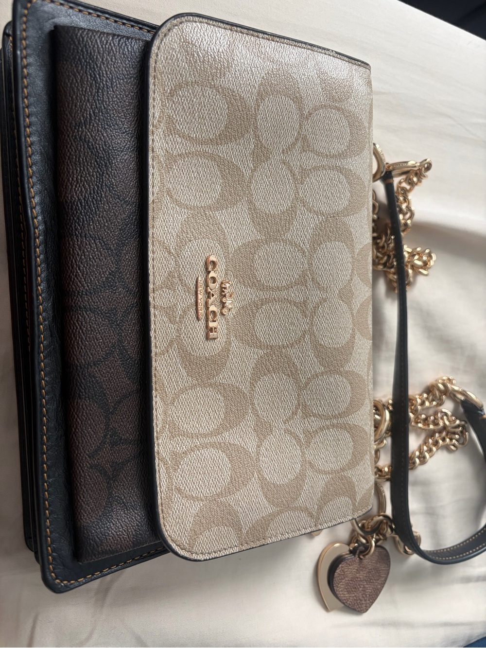 Coach Two-Tone Signature Chain Crossbody in Khaki, Brown and Cream